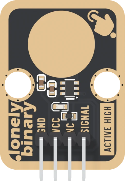 The front of the TK43, pad up and header at the bottom: a black board with a gold border, a large round gold pad filling the top half, a small hand icon at the top right, two round LEGO holes, two small capacitors and a six-legged chip below the pad, a small LED and a resistor under them, lonely binary and ACTIVE HIGH up the sides, and four right-angle pins labelled GND, VCC, NC and SIGNAL.