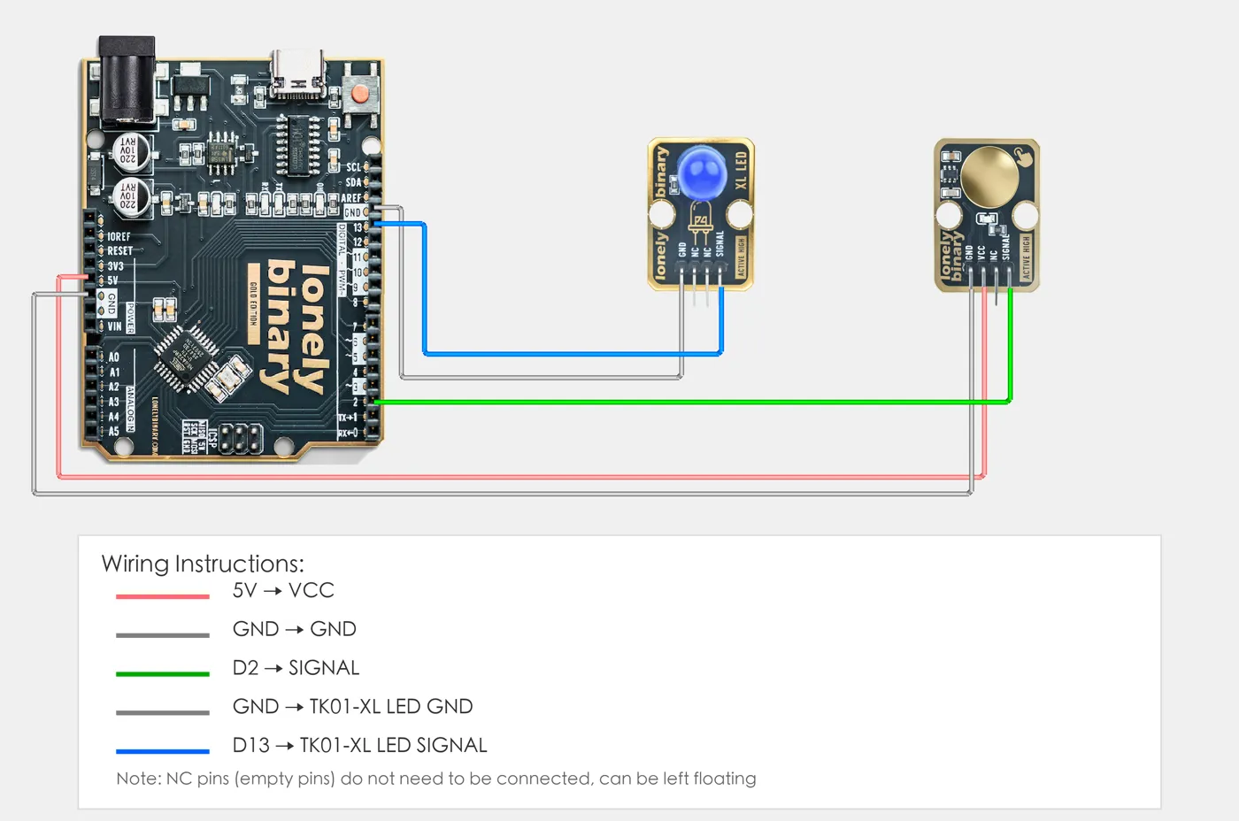 The TK43 wired to an Arduino Uno: 5V to VCC, GND to GND and D2 to SIGNAL, with an XL LED module on D13