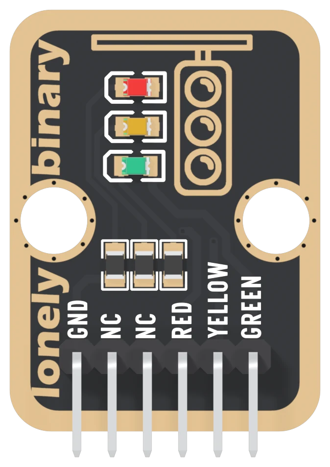 The TK03 from the component side: a black board with a gold border, three small LEDs stacked red, yellow and green near the top beside a traffic light drawn in outline, lonely binary printed up the left edge, two large mounting holes, three small black resistors in a row, and a right-angle header whose six pins are labelled GND, NC, NC, RED, YELLOW and GREEN from left to right.