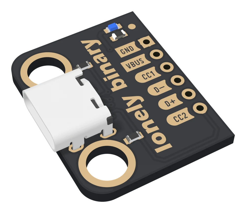 The breakout board seen from above at an angle: a small black PCB with the white USB-C socket hanging off the left edge, two large gold-ringed mounting holes, and six gold pads down the right side labelled GND, VBUS, CC1, D−, D+ and CC2, with lonely binary printed in gold across the middle.