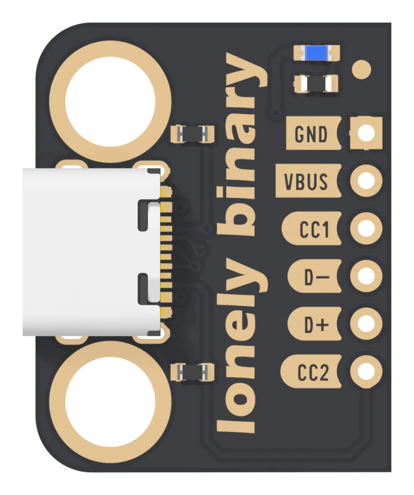 The top of the breakout board seen square on: black soldermask with two large gold-ringed mounting holes on the left, the white USB-C socket on the left edge, lonely binary printed in gold vertically through the middle, a small blue LED in the top right corner, and six gold pads down the right edge labelled from the top GND, VBUS, CC1, D−, D+ and CC2.