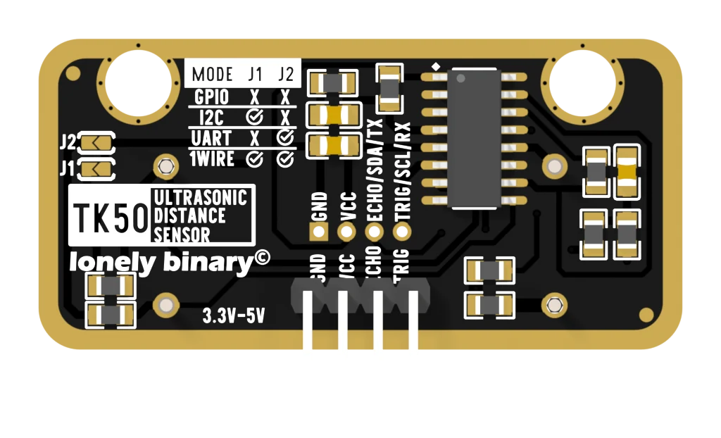 The back of the TK50 board: a white mode table top left reading MODE J1 J2 with rows GPIO cross cross, I2C tick cross, UART cross tick, 1WIRE tick tick; two small gold solder pads on the left edge labelled J2 above J1; a white box reading TK50 ULTRASONIC DISTANCE SENSOR with lonely binary beneath it and 3.3V-5V below that; a sixteen-pin chip on the right; and a row of four pins labelled, left to right, GND, VCC, ECHO slash SDA slash TX and TRIG slash SCL slash RX, the GND pad square and the rest round.