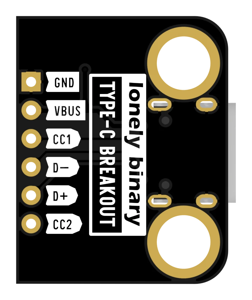 The underside of the breakout board: black soldermask with the six pad labels GND, VBUS, CC1, D−, D+ and CC2 printed in white down the left edge beside their gold rings, the words lonely binary and TYPE-C BREAKOUT set in a white box in the middle, and two large gold-ringed mounting holes.