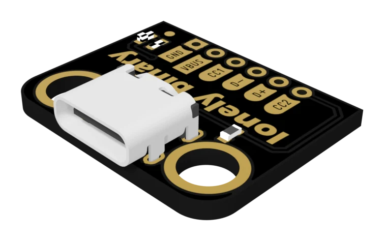The breakout board seen from above at an angle: a small black PCB with the white USB-C socket hanging off the left edge, two large gold-ringed mounting holes, and six gold pads down the right side labelled GND, VBUS, CC1, D−, D+ and CC2, with lonely binary printed in gold across the middle.