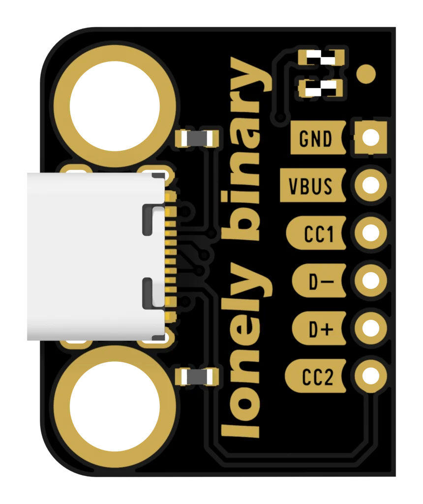 The top of the breakout board seen square on: black soldermask with two large gold-ringed mounting holes on the left, the white USB-C socket on the left edge, lonely binary printed in gold vertically through the middle, and six gold pads down the right edge labelled from the top GND, VBUS, CC1, D−, D+ and CC2.