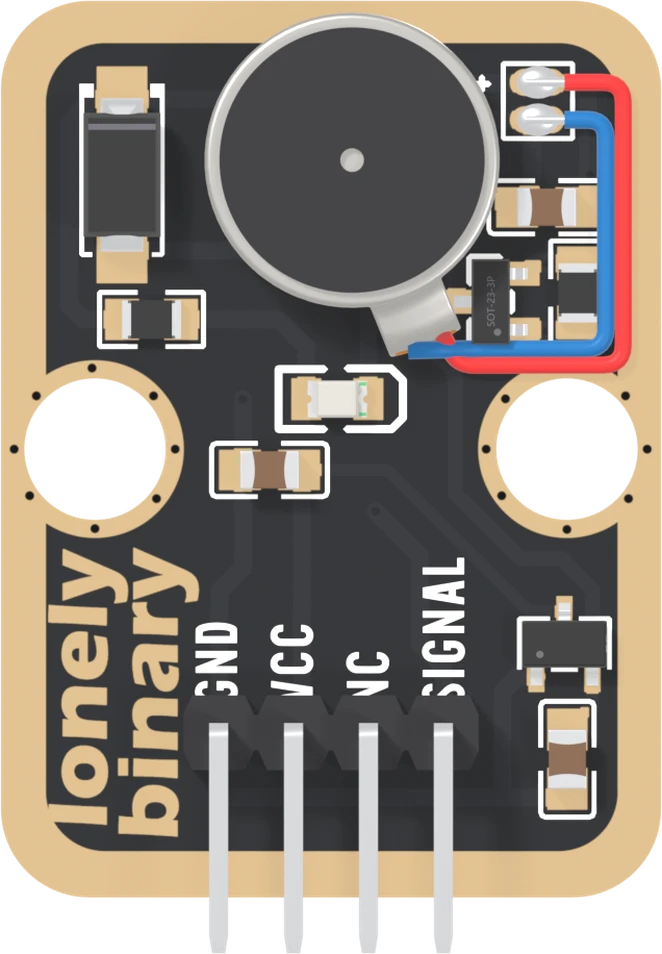 The TK30 seen from the parts side: a black board with a wide gold border, a flat round steel coin motor near the top with a small tab at its lower right, red and blue leads running from the tab under a small transistor and up the right edge to two pads marked with a plus, a black diode at the top left, a small LED and two capacitors in the middle, a regulator and a capacitor at the bottom right, two big round mounting holes, lonely binary up the left edge, and a right-angle header labelled GND, VCC, NC and SIGNAL from left to right.