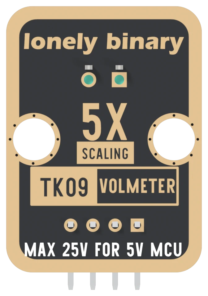 The back of the TK09: a black board with a gold border, lonely binary across the top, two terminal pads with the right-hand one square, 5X SCALING, TK09 and the part name in a boxed label, four header pads with the square one on the right, and MAX 25V FOR 5V MCU along the bottom edge.
