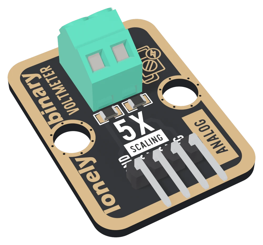 The TK09 at an angle: a black board with a gold-plated border, a green two-way screw terminal standing near the top, two small black resistors in front of it, 5X SCALING printed in the middle, VOLTMETER along the left edge, a boxed ANALOG on the right, and a right-angle header whose four pins point out past the bottom edge.