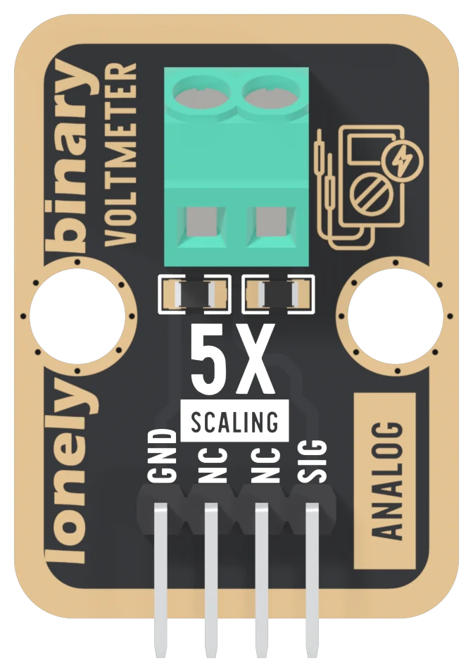 The TK09 from the component side: a black board with a gold-plated border, a green two-way screw terminal near the top, two small black resistors under it, 5X SCALING in the middle, VOLTMETER up the left edge beside the logo, a multimeter icon, a boxed ANALOG on the right, and a right-angle header labelled GND, NC, NC, SIG from left to right.