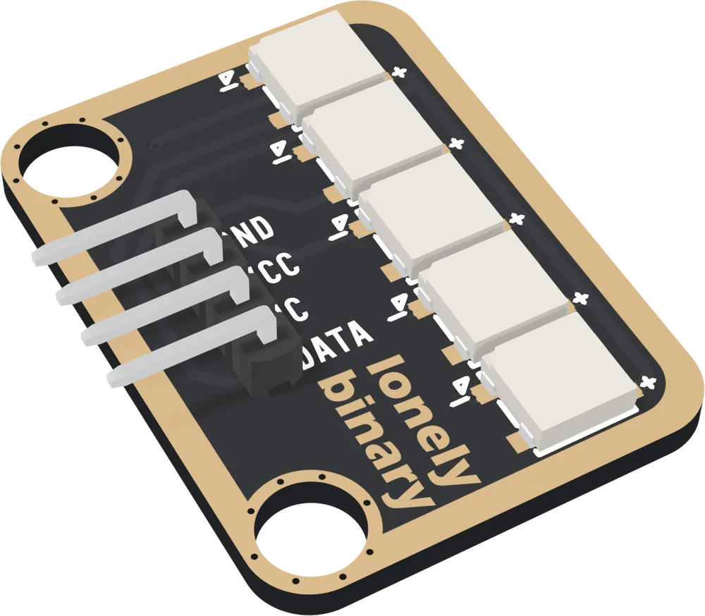 The TK33 at an angle: a small black board with a gold border, five square white LEDs in a column along its right side, four right-angle header pins sticking out of the left edge beside the labels GND, VCC, NC and DATA, the words lonely binary in gold, and two round LEGO holes on the left, one near each end.
