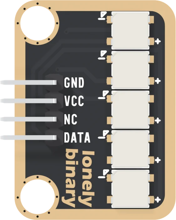 The TK33 from directly above, pins pointing left: GND, VCC, NC and DATA printed from top to bottom beside four header pins on the left edge, five white LED squares in a column on the right with a small mark at the top left and a plus sign at the bottom right of each, lonely binary in gold at the bottom, and a LEGO hole at the top left and bottom left.