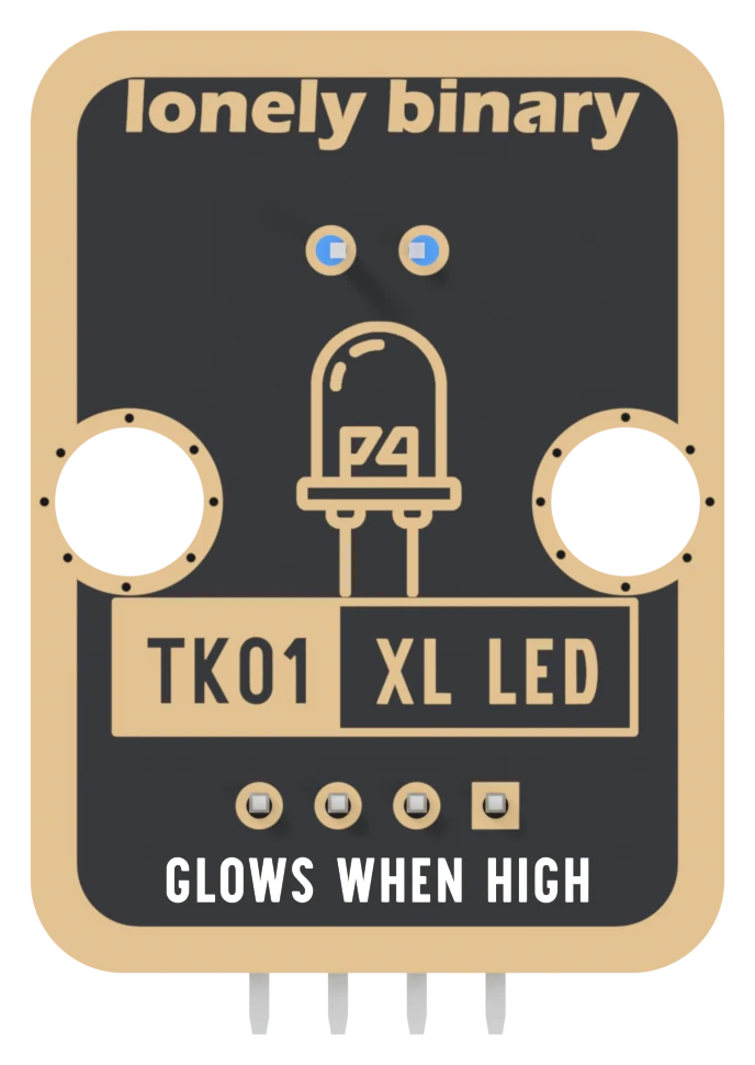 The back of the TK01: a black board with a gold border printed lonely binary across the top, two small gold pads where the LED's legs come through, an LED outline, TK01 XL LED in a boxed label, four header pads in a row with the square one on the right, and GLOWS WHEN HIGH underneath.