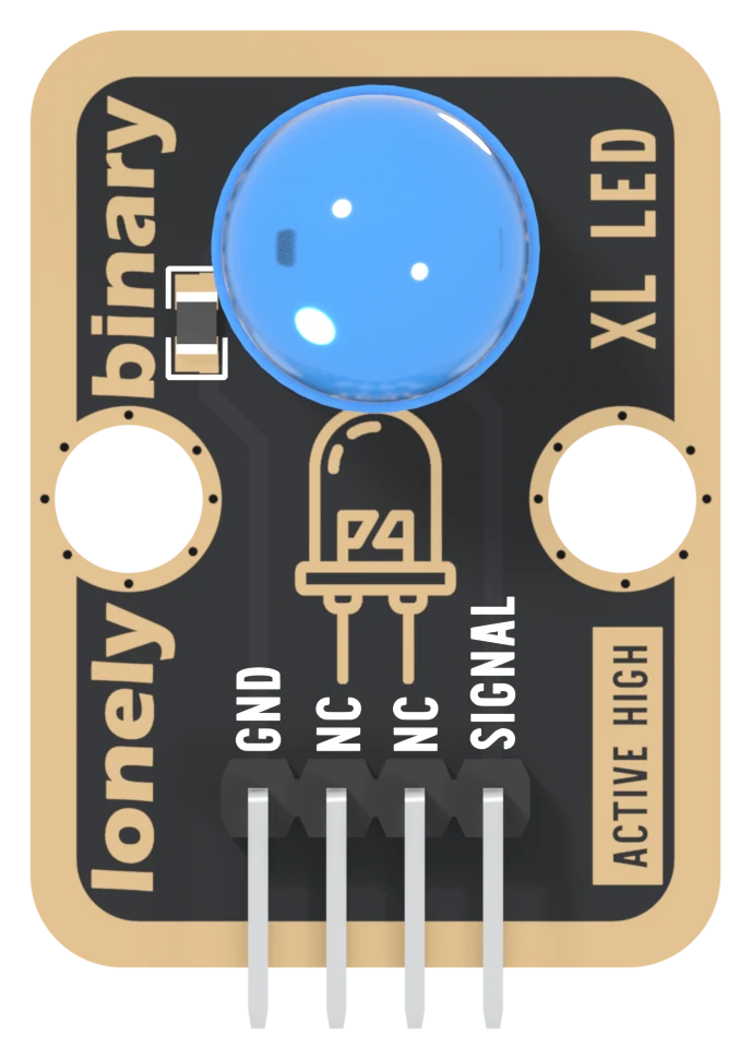 The TK01 seen from the LED side: a black board with a gold-plated border, a large round blue LED near the top, a small black resistor to its left, two big round mounting holes, XL LED printed up the right-hand edge above a boxed ACTIVE HIGH, and a right-angle header along the bottom with its four pins labelled GND, NC, NC and SIGNAL from left to right.