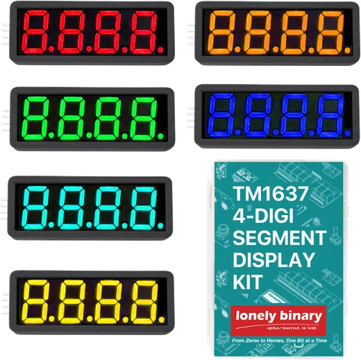 The digit set: six four-digit displays in black enclosures lit in red, orange, green, blue, pale blue-green and yellow, each showing 8.8.8.8. with a decimal point after every digit and no colon, beside the teal kit box.