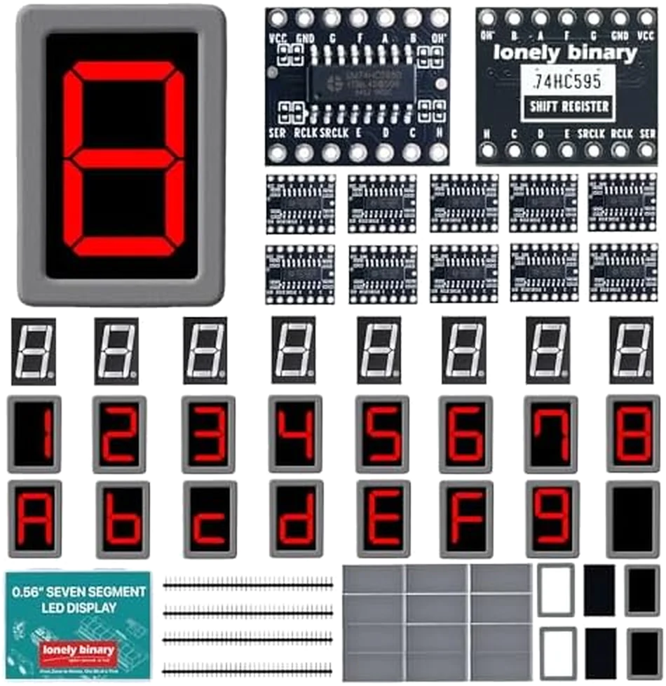 The kit laid out: twelve small black 74HC595 driver boards shown front and back with their pin names in white silkscreen, twenty-four seven-segment digits showing red numerals and letters, most of them snapped into grey printed frames, four strips of male pin header, and a stack of spare frames with dark filter windows.