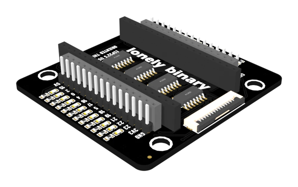 The ESP32 PinPulse base seen from above at an angle: a black board with four corner mounting holes, four SOIC-14 chips down the middle, a column of small LEDs outside each edge connector, two 2.54 mm strips along each long edge with the pin names printed beside them, and a white fifteen-way ribbon socket at the far end.