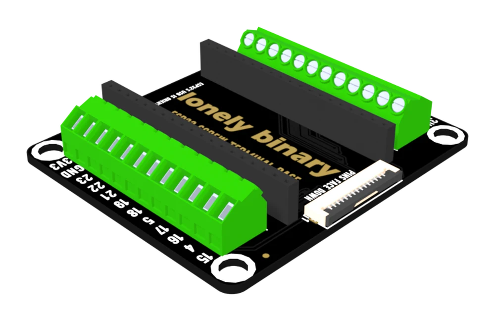 The ESP32 screw terminal base seen from above at an angle: a black board with four corner mounting holes, two tall sockets down the middle for the ESP32, a green twelve-way screw terminal block along each long edge with the pin names printed on the PCB beside them, and a white fifteen-way ribbon socket at the far end.