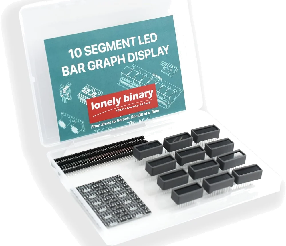 The open kit case: a teal card printed 10 SEGMENT LED BAR GRAPH DISPLAY with the lonely binary logo, two long strips of black male pin header, a panel of black resistor array boards, and a dozen bar graph packages in grey frames with two rows of silver pins each.