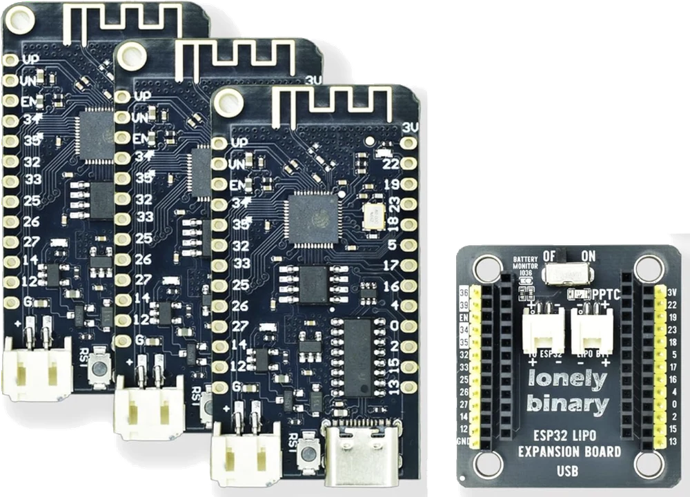Three ESP32 LiPo boards fanned out beside one shield: each board black with the PCB antenna at the top, 13 labelled pins down each side, a white battery socket and a USB-C socket at the bottom; the shield has an ON/OFF switch, two white battery sockets marked TO ESP32 and LIPO BTT, and USB printed at its lower edge.