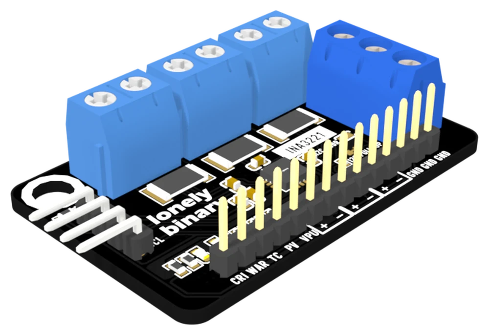 The INA3221 board seen from above at an angle: a wide black board with three blue two-way screw terminals marked CH3, CH2 and CH1 along the back edge and a three-way one marked GND beside them, a 14-pin header along the front edge labelled CRI, WAR, TC, PV, VPU, three pairs of plus and minus, and three grounds, and a four-pin right-angle header on the left labelled GND, VCC, SDA and SCL.