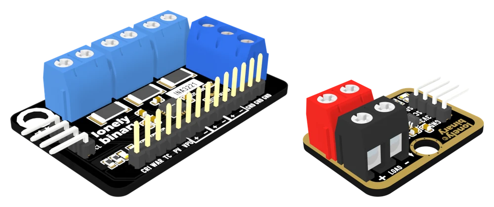 The INA3221 board and the smaller TK119 block side by side at an angle and to scale, both black boards with a large rectangular shunt resistor under each screw terminal: the INA3221 with three blue channel terminals and a 14-pin header, the TK119 with one black terminal marked LOAD and one red one marked POWER.