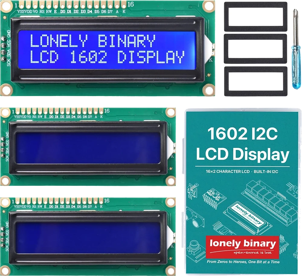 Three 1602 displays seen from above, green boards with black-framed blue panels, the top one showing LONELY BINARY and LCD 1602 DISPLAY; beside them three black snap-on bezels, a mini screwdriver and the printed insert card.