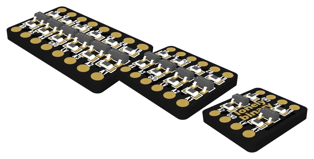 The 6-channel, 4-channel and 2-channel converter boards seen from above at an angle, black with gold pads, each row of BSS138 transistors between two columns of labelled holes: A1 to A6 with LV and GND on one edge, B1 to B6 with HV and GND on the other.