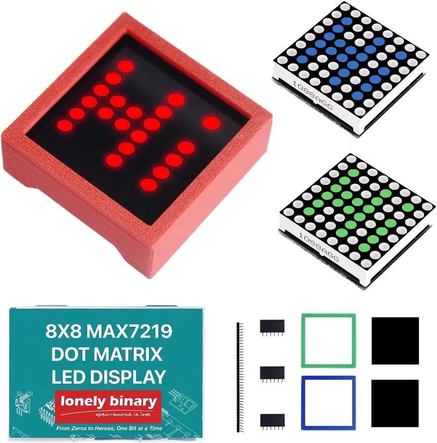 A red-cased 8x8 matrix showing an upward arrow in red LEDs, with an unlit blue module and an unlit green module beside it, above the teal box printed 8X8 MAX7219 DOT MATRIX LED DISPLAY and the loose parts — a long male pin header strip, three black female sockets, the green and blue case frames and their two black back panels.