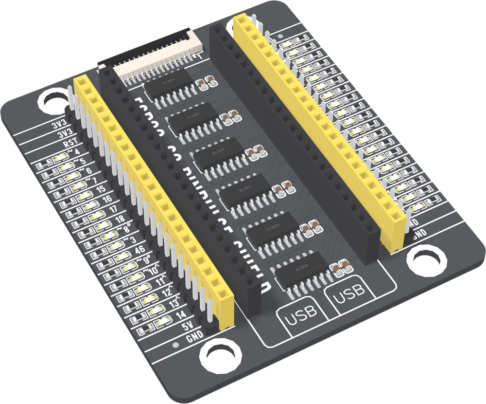 The ESP32-S3 PinPulse shield seen from above at an angle: a black board with four corner mounting holes, a white fifteen-way ribbon socket at the far end, two black sockets down the middle for the ESP32-S3 with six small chips between them, and down each long edge a yellow female header, a row of male pins and a column of tiny LEDs beside printed GPIO numbers.
