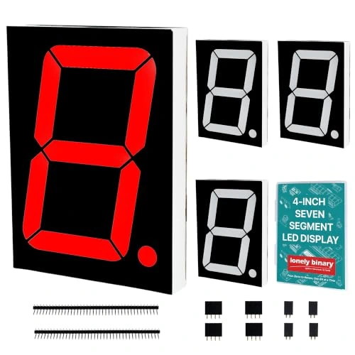 The kit laid out on white: one 4-inch display module shown large with its segments lit red, three more with their segments unlit and grey, the teal box printed 4-INCH SEVEN SEGMENT LED DISPLAY, two strips of male pin header and eight black female sockets in two sizes.