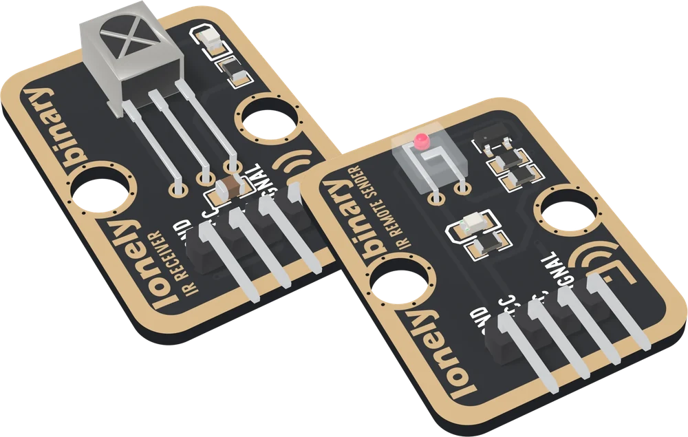 The two IR boards at an angle, overlapping: behind, the TK15 receiver with its steel-shielded receiver and three legs; in front, the TK16 sender with a clear infrared LED lying flat, a transistor and two resistors on the right and an LED in the middle. Both have a four-pin header along the bottom edge.