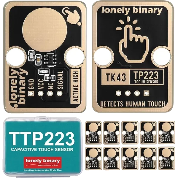 The 12-pack: the front and back of the touch sensor board, printed GND VCC NC SIGNAL and ACTIVE HIGH on the front and TK43 TP223 TOUCH SENSOR on the back, above a teal hinged case printed TTP223 CAPACITIVE TOUCH SENSOR beside ten more of the boards in two rows.