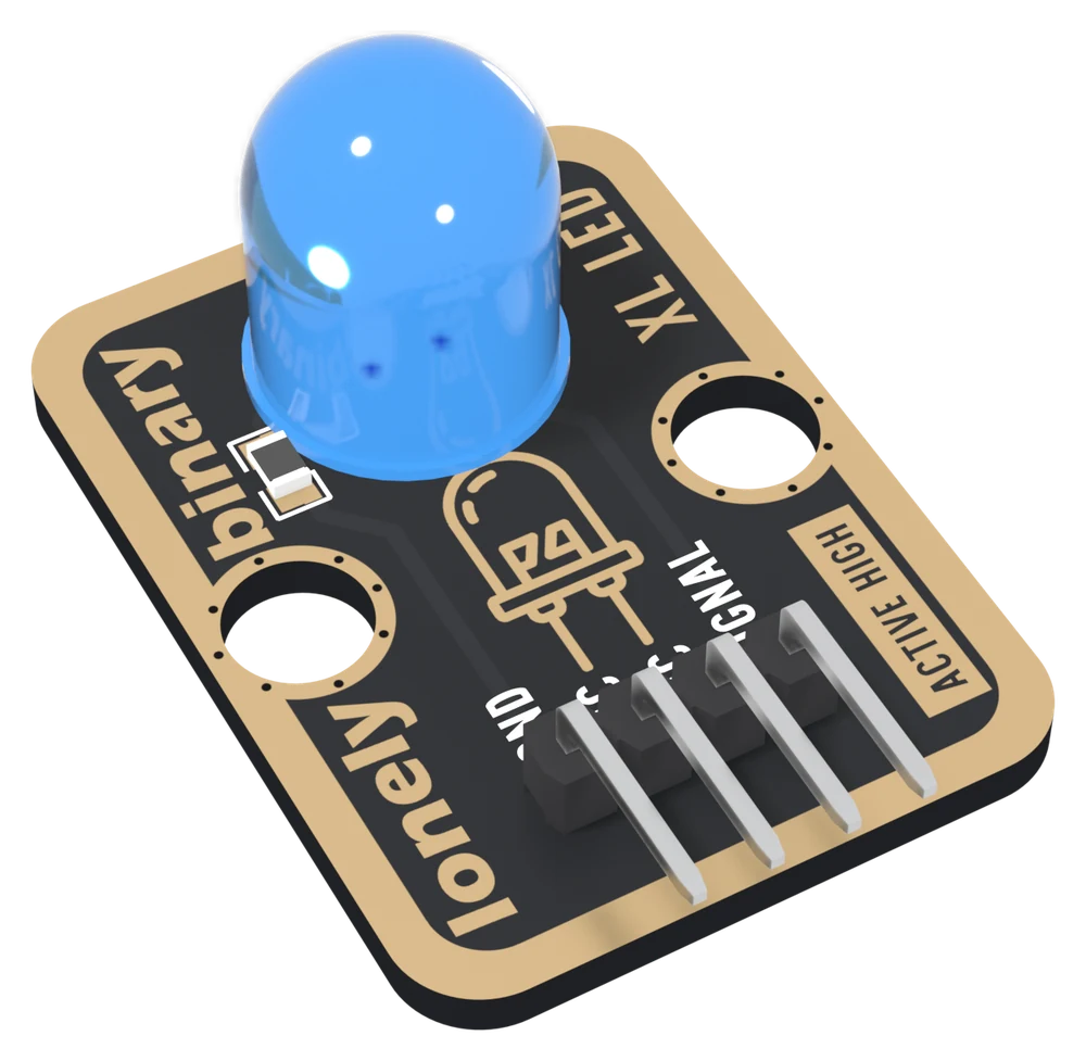 The TK01 at an angle: a black board with a gold-plated border and a large round blue LED standing up near the top, a small black resistor to its left, two big mounting holes, XL LED printed along the right-hand edge above a boxed ACTIVE HIGH, and a right-angle header whose four pins point out past the bottom edge.