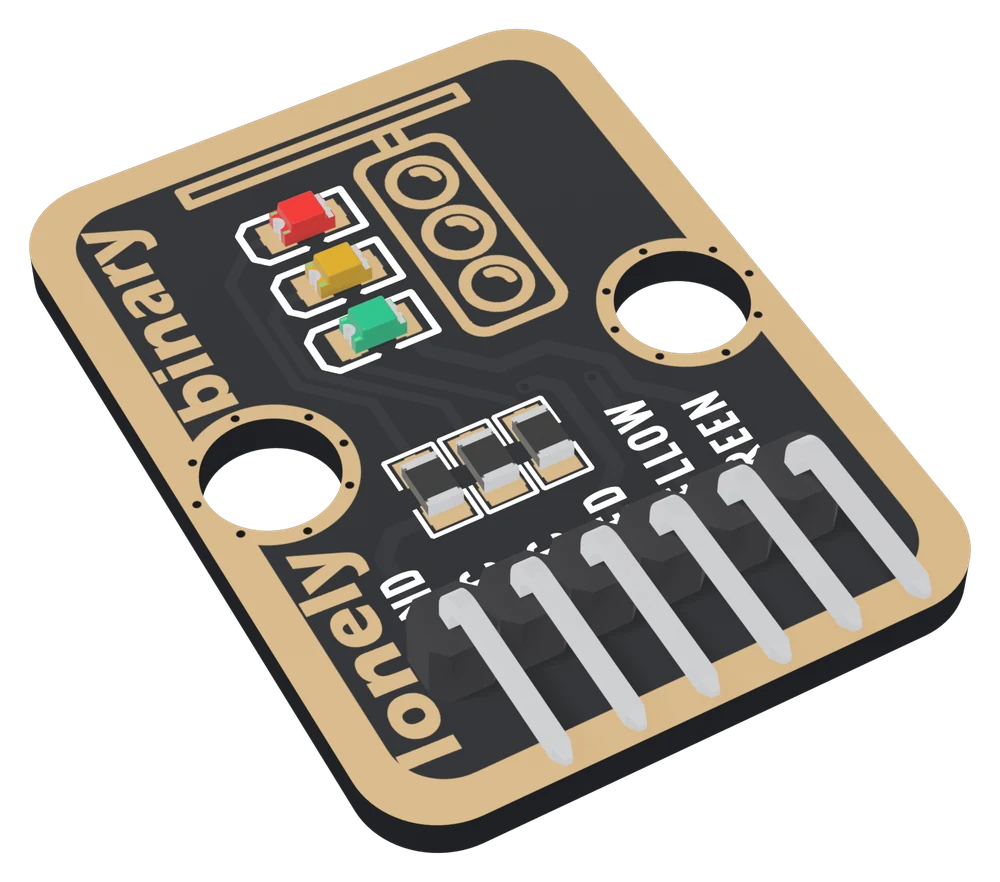The TK03 at an angle: a black board with a gold-plated border, three tiny LEDs stacked red, yellow and green near the top beside a traffic-light outline, three small resistors in a row below them, two big mounting holes, and a right-angle six-pin header along the near edge labelled GND, NC, NC, RED, YELLOW and GREEN.