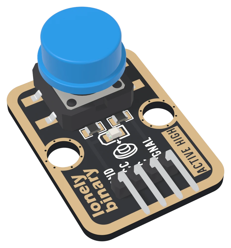 The TK04 at an angle: a black board with a gold-plated border, a square black tactile switch with a large round blue cap near the top, a small LED and two tiny resistors below it, two big mounting holes, ACTIVE HIGH up the right-hand edge, and a right-angle four-pin header along the near edge labelled GND, VCC, NC and SIGNAL.