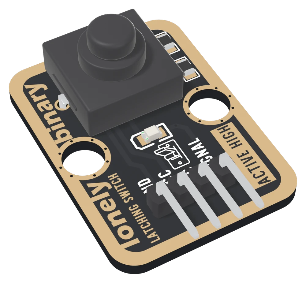 The TK05 at an angle: a black board with a gold-plated border, a square black self-locking switch with a round black button near the top, two tiny resistors beside it, a small LED below, two big mounting holes, LATCHING SWITCH and ACTIVE HIGH printed along the edges, and a right-angle four-pin header labelled GND, VCC, NC and SIGNAL.