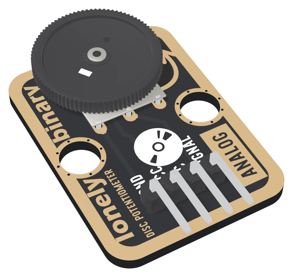 The TK07 at an angle: a black board with a gold-plated border, a black knurled thumbwheel potentiometer lying flat near the top and overhanging the top edge, a turn arrow, a disc icon, two big mounting holes, DISC POTENTIOMETER and ANALOG printed along the edges, and a right-angle four-pin header labelled GND, VCC, NC and SIGNAL.
