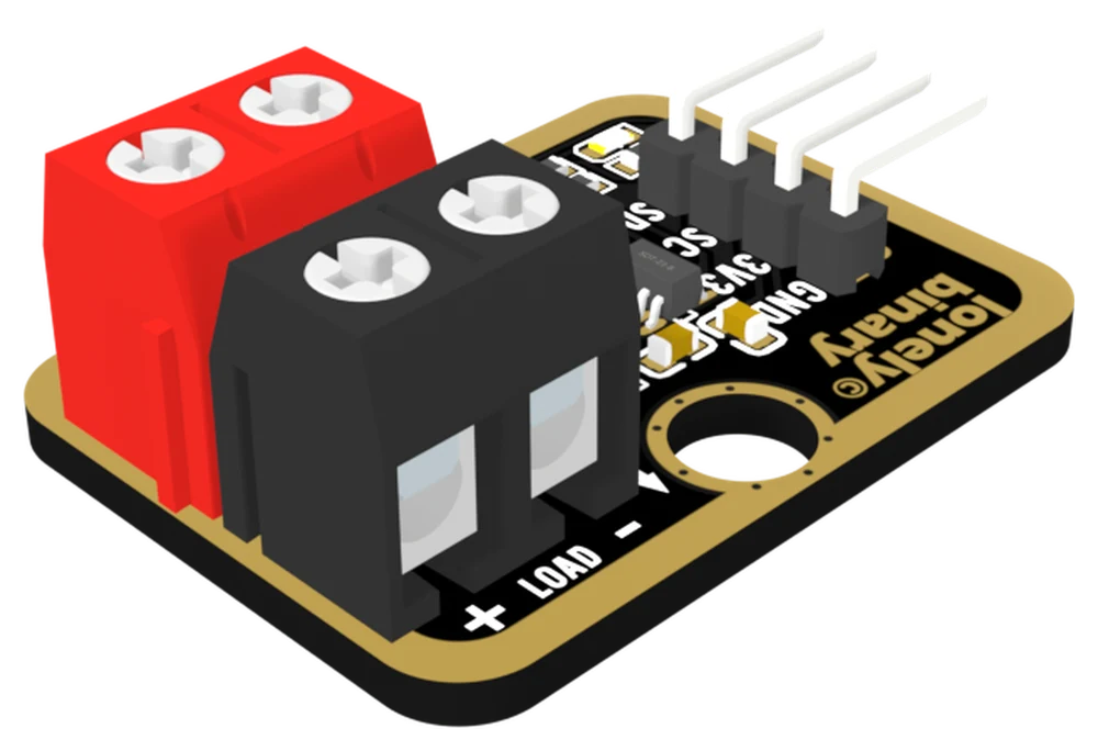 The TK119 seen from above at an angle: a small black board with a gold-plated edge, a black two-way screw terminal marked LOAD beside a red one marked POWER, a large rectangular shunt resistor between them under two arrows, two big mounting holes, and a four-pin right-angle header labelled GND, 3V3, SCL and SDA.