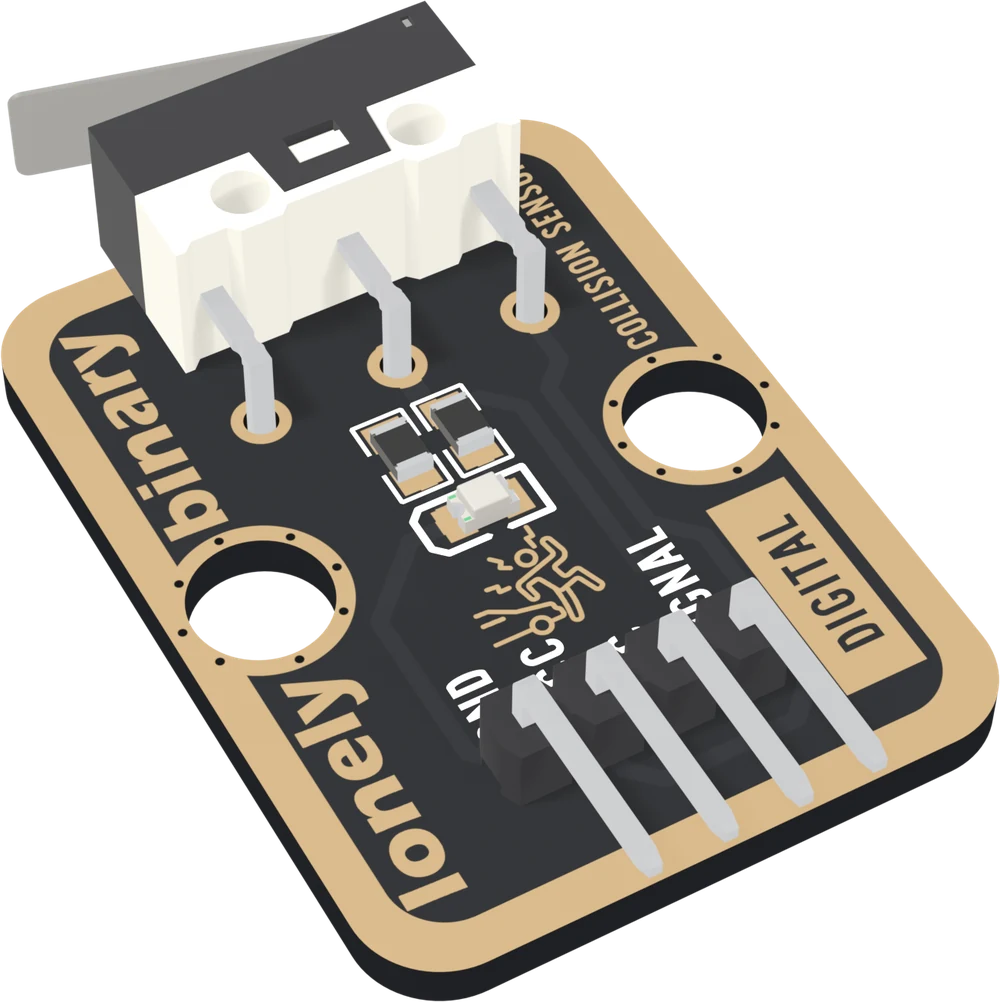The TK17 at an angle: a black board with a gold-plated border, a black and white lever microswitch lying flat along the far edge with a flat metal lever reaching past it, two small resistors and a tiny LED in the middle, two big mounting holes, lonely binary along the left edge, a boxed DIGITAL along the right, and a right-angle four-pin header along the near edge labelled GND, VCC, NC and SIGNAL.