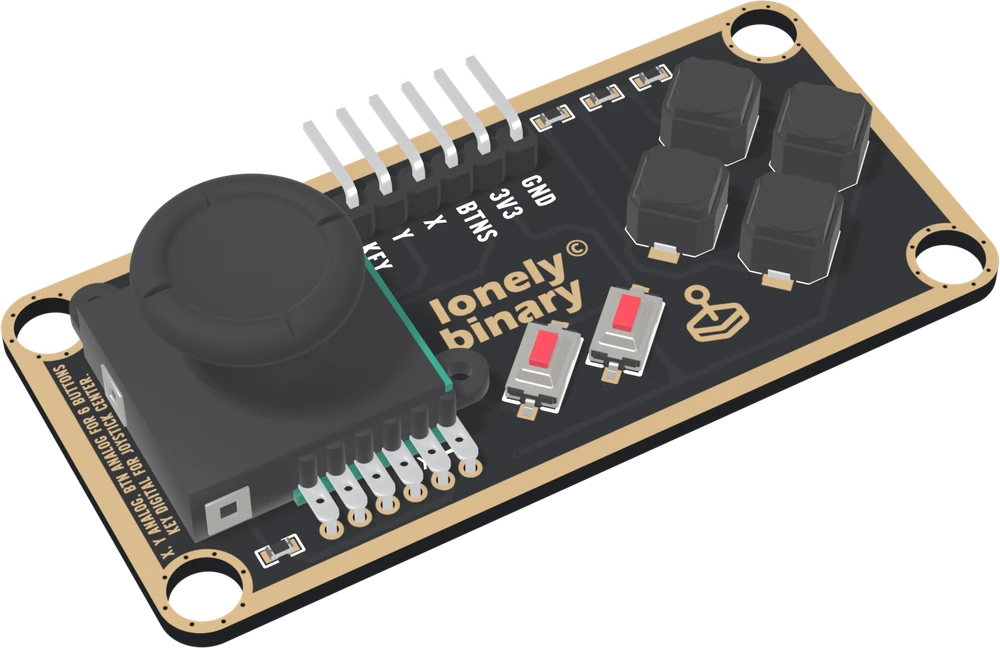 The TK21 at an angle: a long black board with a gold border, a low black thumb joystick with a round dished cap on the left, a right-angle six-pin header along the top edge labelled KEY, Y, X, BTNS, 3V3 and GND, two small red buttons at the bottom middle, four square black buttons in a diamond on the right, a mounting hole in each corner, and lonely binary in gold in the middle.