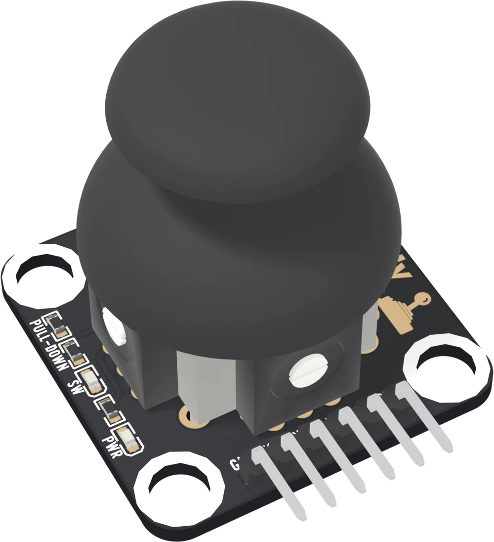 The TK23 dual axis joystick seen from above at an angle: a small square black board with four large corner mounting holes, a black thumbstick with a domed cap standing in the middle of it, two indicator LEDs marked PWR and SW along one edge, and a six-pin header at the near edge labelled GND, VCC, NC, X, Y and SW.