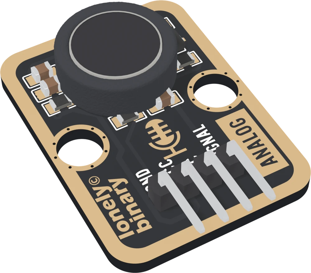 The TK27 at an angle: a black board with a wide gold border, a round black microphone capsule in a foam ring near the top, a small transistor and a few resistors and capacitors beside it, a gold microphone icon, lonely binary up the left edge, ANALOG in a box on the right, and a right-angle four-pin header labelled GND, VCC, NC and SIGNAL.