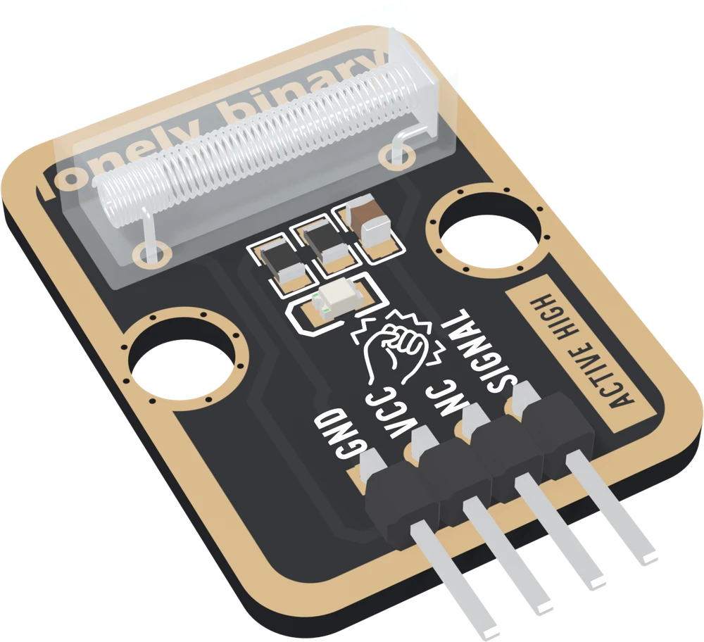 The TK28 at an angle: a black board with a wide gold border, a clear tube holding a coiled spring lying across the top, three small parts and a small LED below it, a gold knocking-fist icon, ACTIVE HIGH up the right edge, and a right-angle four-pin header labelled GND, VCC, NC and SIGNAL.