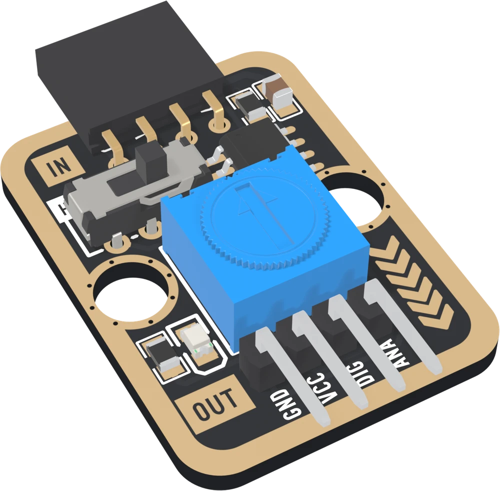 The TK29 at an angle: a black board with a wide gold border, a black four-way socket marked IN overhanging the top edge, a small slide switch marked H and L, an eight-pin chip, a blue square trimmer in the middle, a small LED, chevrons on the right, and a right-angle four-pin header at the bottom marked OUT.