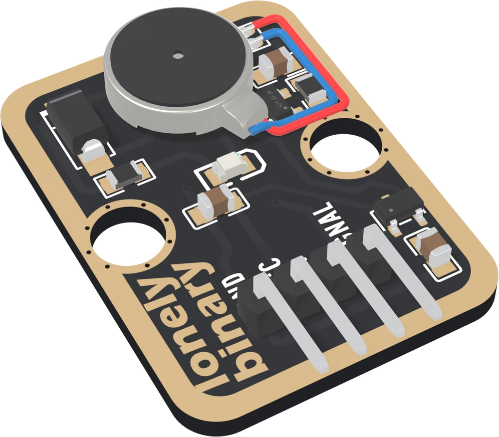 The TK30 at an angle: a black board with a wide gold border, a flat round coin motor near the top with red and blue leads, a small transistor, a diode, a regulator and a few small parts, a small LED, lonely binary up the left edge, and a right-angle four-pin header labelled GND, VCC, NC and SIGNAL.